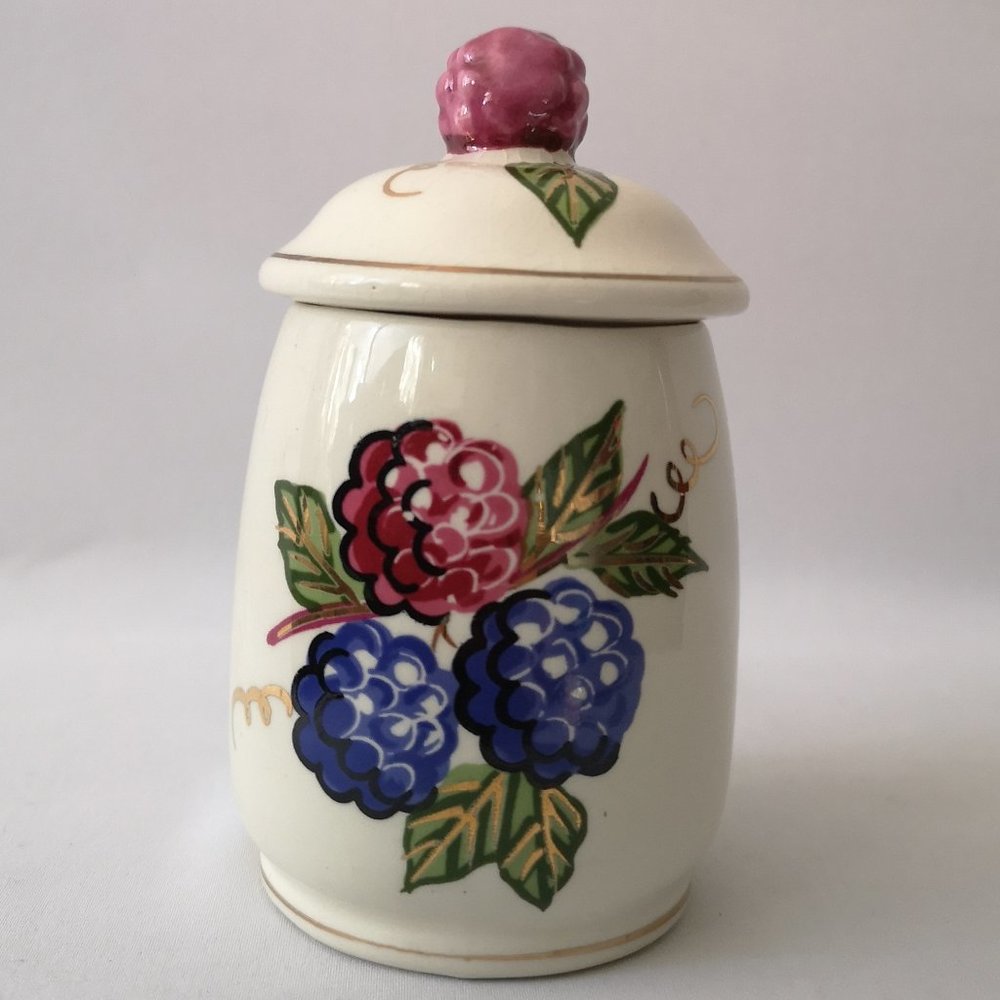 Vintage Knott's Berry Farm Hand-painted Ceramic Lidded Jam Jar, Made in Japan